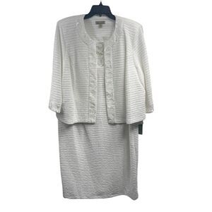 MAYA BROOKE Women 2 Piece Jacket Dress Set 18W White Embroidered Sequin Coquette